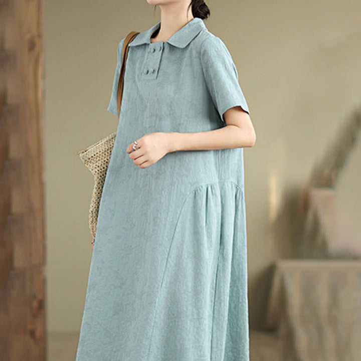 Buddha Stones Plain Jacquard Design Short Sleeve Cotton Linen Midi Dress With Pockets