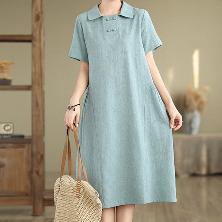 Buddha Stones Plain Jacquard Design Short Sleeve Cotton Linen Midi Dress With Pockets