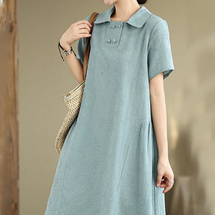 Buddha Stones Plain Jacquard Design Short Sleeve Cotton Linen Midi Dress With Pockets
