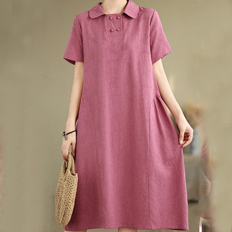 Buddha Stones Plain Jacquard Design Short Sleeve Cotton Linen Midi Dress With Pockets