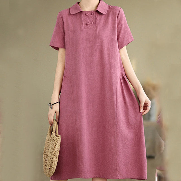 Buddha Stones Plain Jacquard Design Short Sleeve Cotton Linen Midi Dress With Pockets