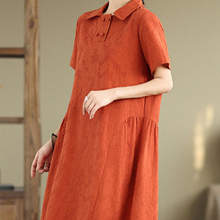 Buddha Stones Plain Jacquard Design Short Sleeve Cotton Linen Midi Dress With Pockets