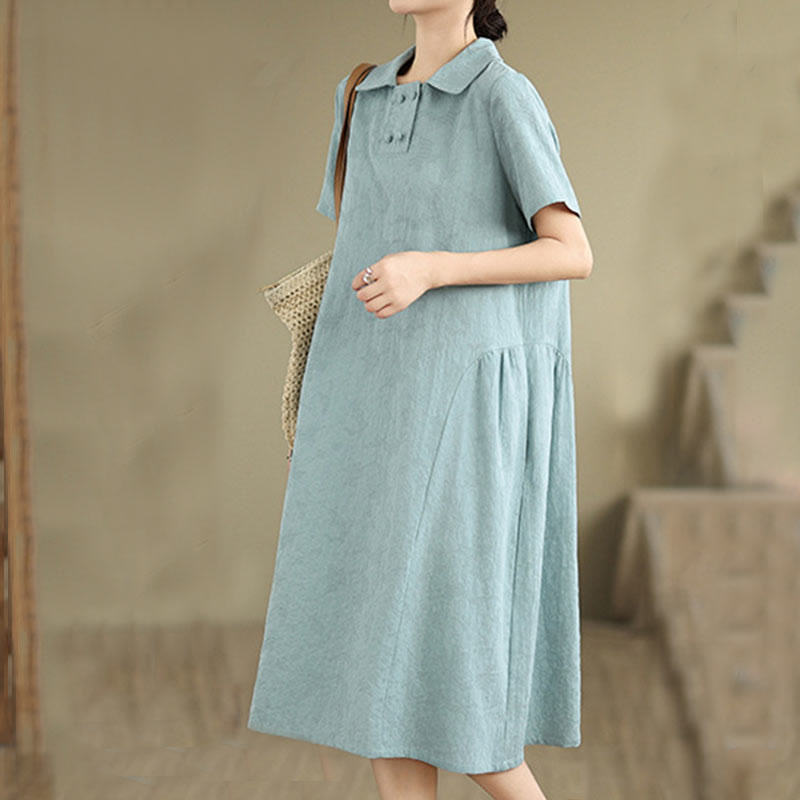 Buddha Stones Plain Jacquard Design Short Sleeve Cotton Linen Midi Dress With Pockets