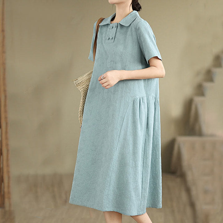 Buddha Stones Plain Jacquard Design Short Sleeve Cotton Linen Midi Dress With Pockets