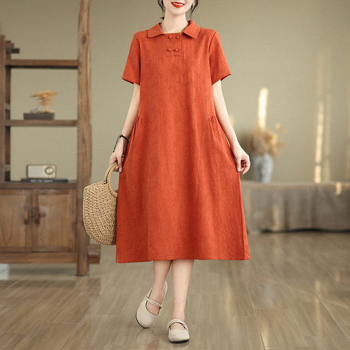 Buddha Stones Plain Jacquard Design Short Sleeve Cotton Linen Midi Dress With Pockets
