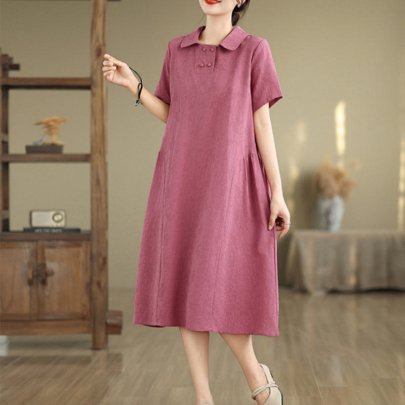 Buddha Stones Plain Jacquard Design Short Sleeve Cotton Linen Midi Dress With Pockets