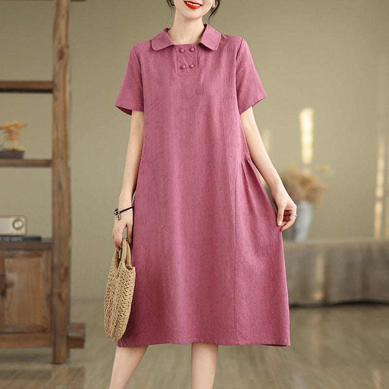 Buddha Stones Plain Jacquard Design Short Sleeve Cotton Linen Midi Dress With Pockets