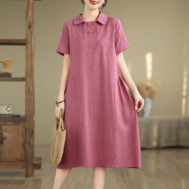 Buddha Stones Plain Jacquard Design Short Sleeve Cotton Linen Midi Dress With Pockets
