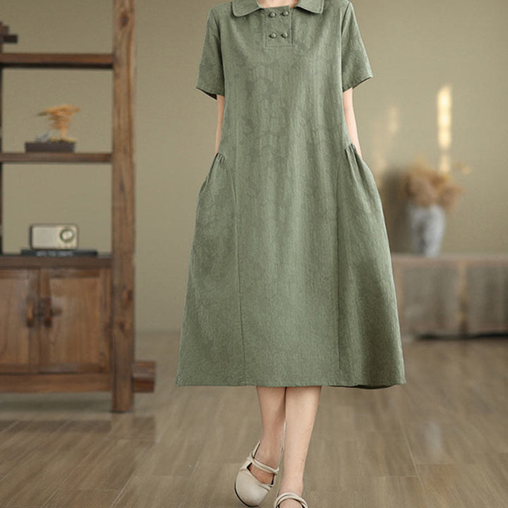 Buddha Stones Plain Jacquard Design Short Sleeve Cotton Linen Midi Dress With Pockets