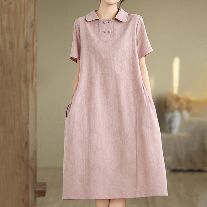 Buddha Stones Plain Jacquard Design Short Sleeve Cotton Linen Midi Dress With Pockets