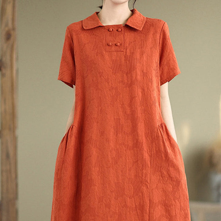 Buddha Stones Plain Jacquard Design Short Sleeve Cotton Linen Midi Dress With Pockets