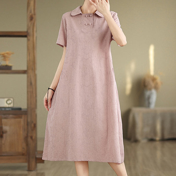 Buddha Stones Plain Jacquard Design Short Sleeve Cotton Linen Midi Dress With Pockets