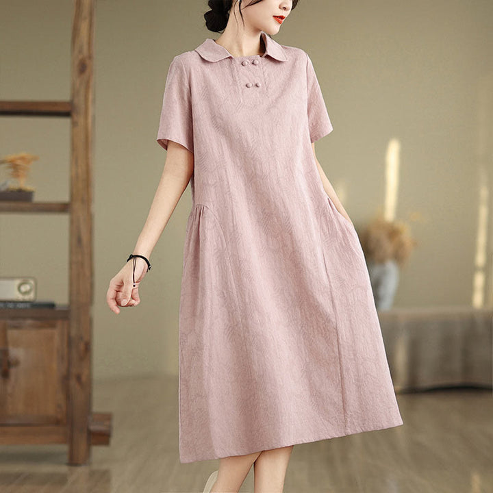 Buddha Stones Plain Jacquard Design Short Sleeve Cotton Linen Midi Dress With Pockets