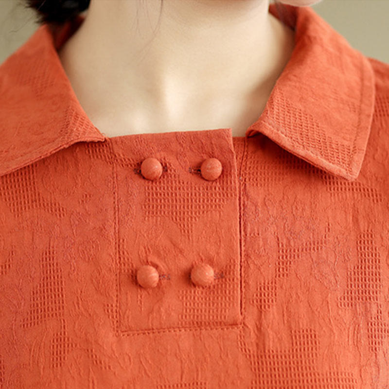 Buddha Stones Plain Jacquard Design Short Sleeve Cotton Linen Midi Dress With Pockets - image 6