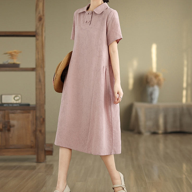Buddha Stones Plain Jacquard Design Short Sleeve Cotton Linen Midi Dress With Pockets