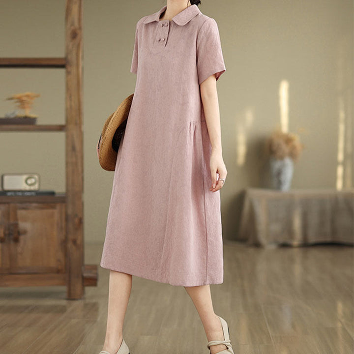 Buddha Stones Plain Jacquard Design Short Sleeve Cotton Linen Midi Dress With Pockets