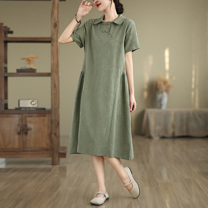 Buddha Stones Plain Jacquard Design Short Sleeve Cotton Linen Midi Dress With Pockets
