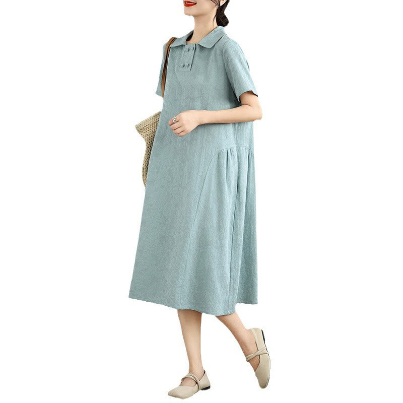 Buddha Stones Plain Jacquard Design Short Sleeve Cotton Linen Midi Dress With Pockets