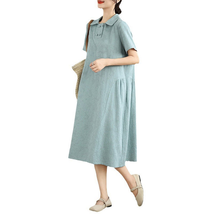 Buddha Stones Plain Jacquard Design Short Sleeve Cotton Linen Midi Dress With Pockets