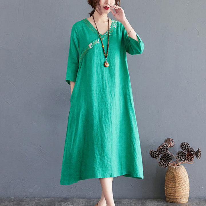 Buddha Stones Summer Plain Embroidery V-Neck Design Three Quarter Sleeve Cotton Linen Midi Dress