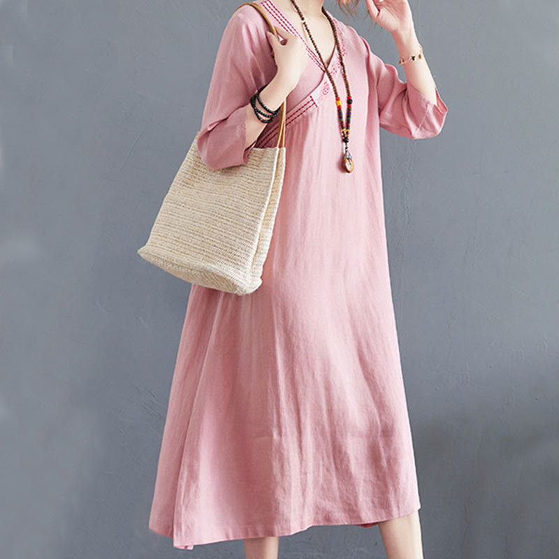 Buddha Stones Summer Plain Embroidery V-Neck Design Three Quarter Sleeve Cotton Linen Midi Dress