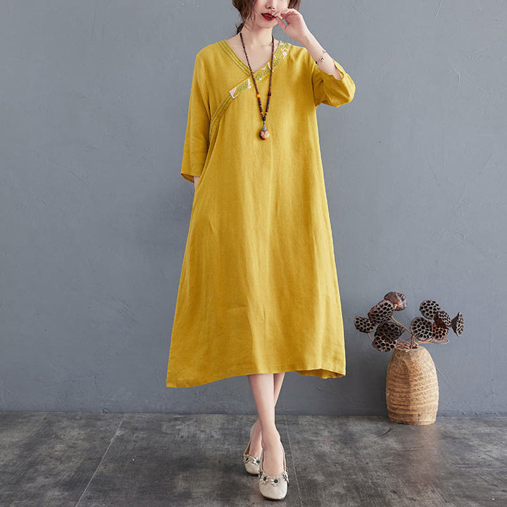 Buddha Stones Summer Plain Embroidery V-Neck Design Three Quarter Sleeve Cotton Linen Midi Dress