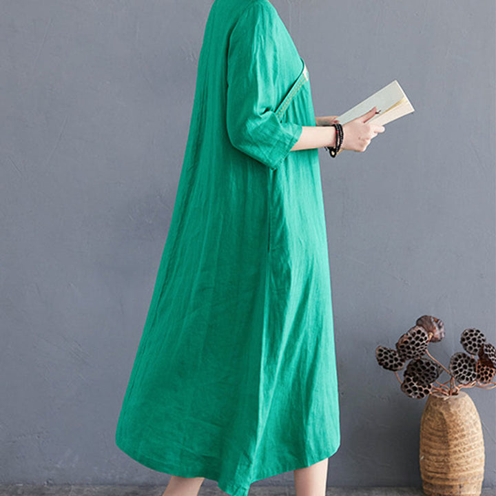 Buddha Stones Summer Plain Embroidery V-Neck Design Three Quarter Sleeve Cotton Linen Midi Dress