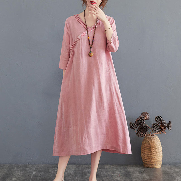 Buddha Stones Summer Plain Embroidery V-Neck Design Three Quarter Sleeve Cotton Linen Midi Dress