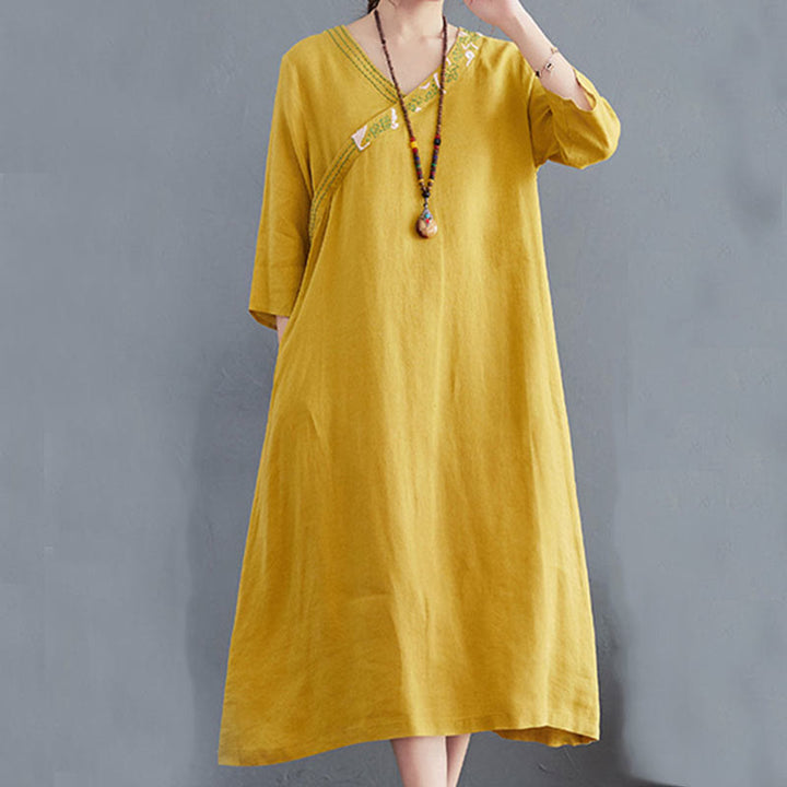 Buddha Stones Summer Plain Embroidery V-Neck Design Three Quarter Sleeve Cotton Linen Midi Dress