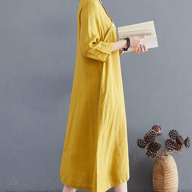 Buddha Stones Summer Plain Embroidery V-Neck Design Three Quarter Sleeve Cotton Linen Midi Dress