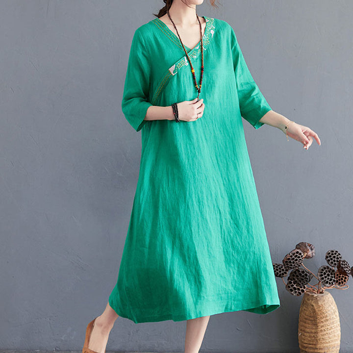 Buddha Stones Summer Plain Embroidery V-Neck Design Three Quarter Sleeve Cotton Linen Midi Dress