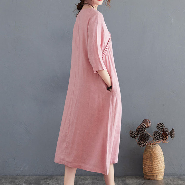 Buddha Stones Summer Plain Embroidery V-Neck Design Three Quarter Sleeve Cotton Linen Midi Dress