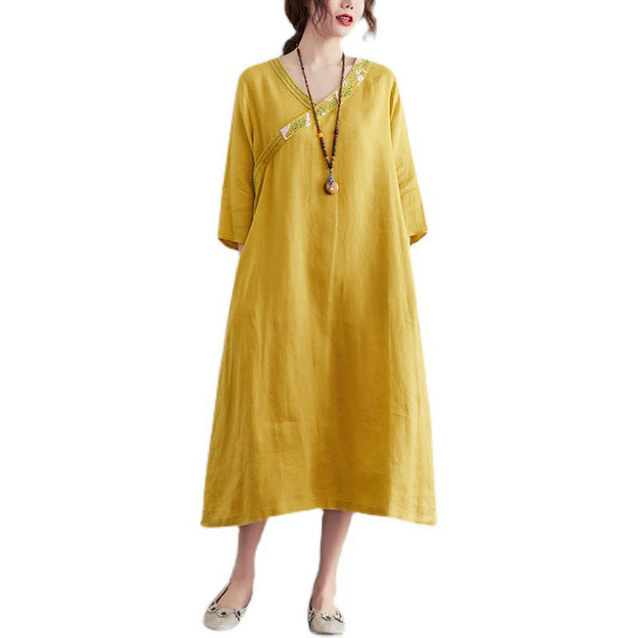 Buddha Stones Summer Plain Embroidery V-Neck Design Three Quarter Sleeve Cotton Linen Midi Dress