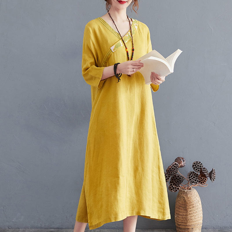 Buddha Stones Summer Plain Embroidery V-Neck Design Three Quarter Sleeve Cotton Linen Midi Dress