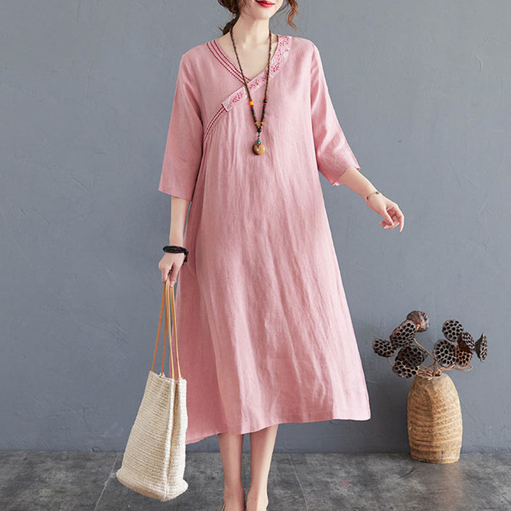 Buddha Stones Summer Plain Embroidery V-Neck Design Three Quarter Sleeve Cotton Linen Midi Dress