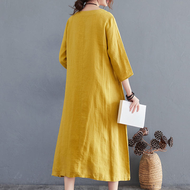 Buddha Stones Summer Plain Embroidery V-Neck Design Three Quarter Sleeve Cotton Linen Midi Dress
