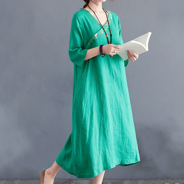Buddha Stones Summer Plain Embroidery V-Neck Design Three Quarter Sleeve Cotton Linen Midi Dress