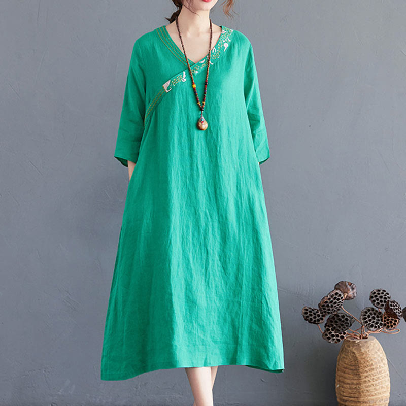 Buddha Stones Summer Plain Embroidery V-Neck Design Three Quarter Sleeve Cotton Linen Midi Dress
