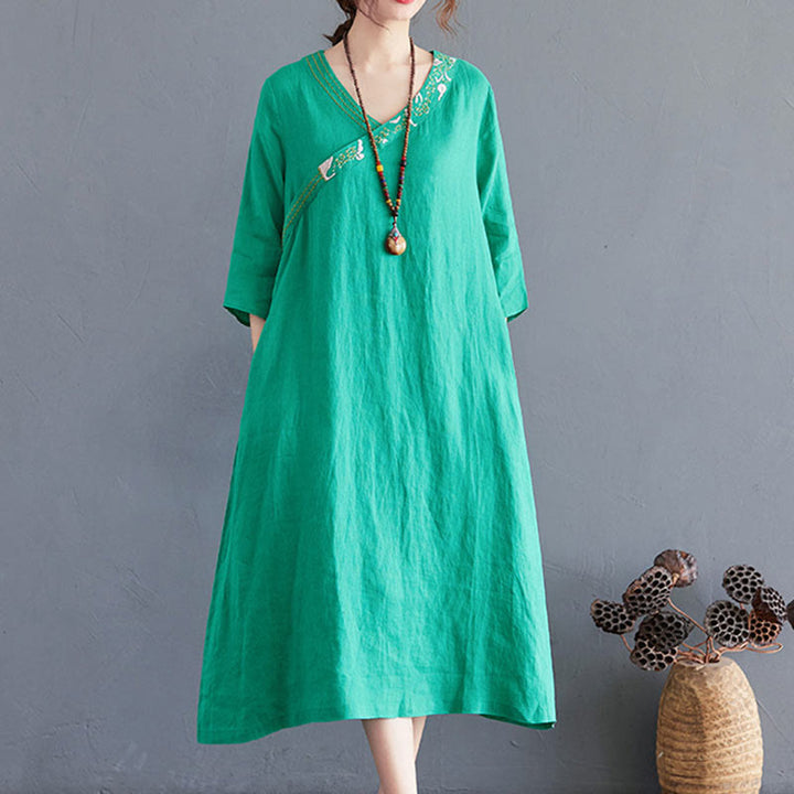 Buddha Stones Summer Plain Embroidery V-Neck Design Three Quarter Sleeve Cotton Linen Midi Dress