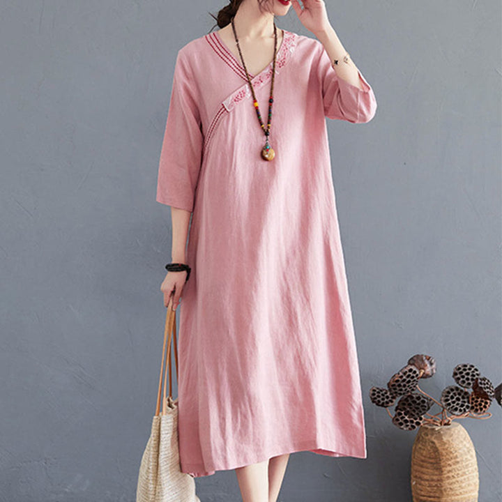 Buddha Stones Summer Plain Embroidery V-Neck Design Three Quarter Sleeve Cotton Linen Midi Dress