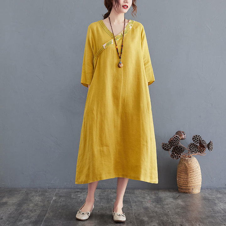 Buddha Stones Summer Plain Embroidery V-Neck Design Three Quarter Sleeve Cotton Linen Midi Dress