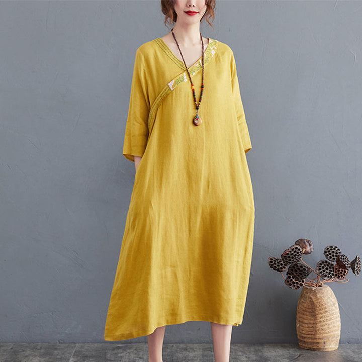 Buddha Stones Summer Plain Embroidery V-Neck Design Three Quarter Sleeve Cotton Linen Midi Dress