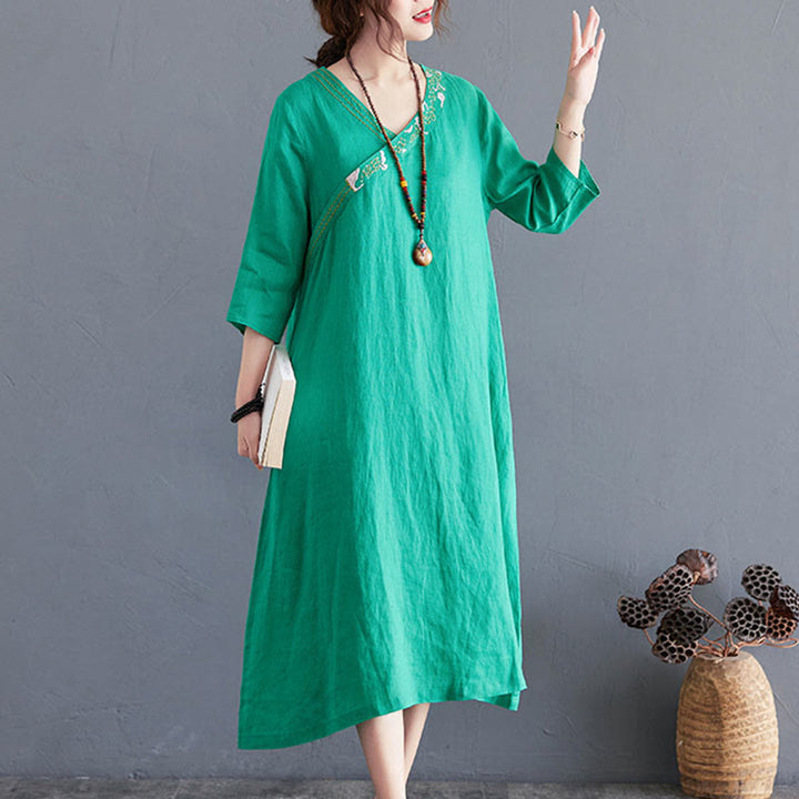 Buddha Stones Summer Plain Embroidery V-Neck Design Three Quarter Sleeve Cotton Linen Midi Dress