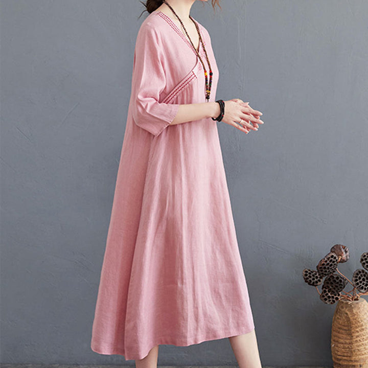 Buddha Stones Summer Plain Embroidery V-Neck Design Three Quarter Sleeve Cotton Linen Midi Dress