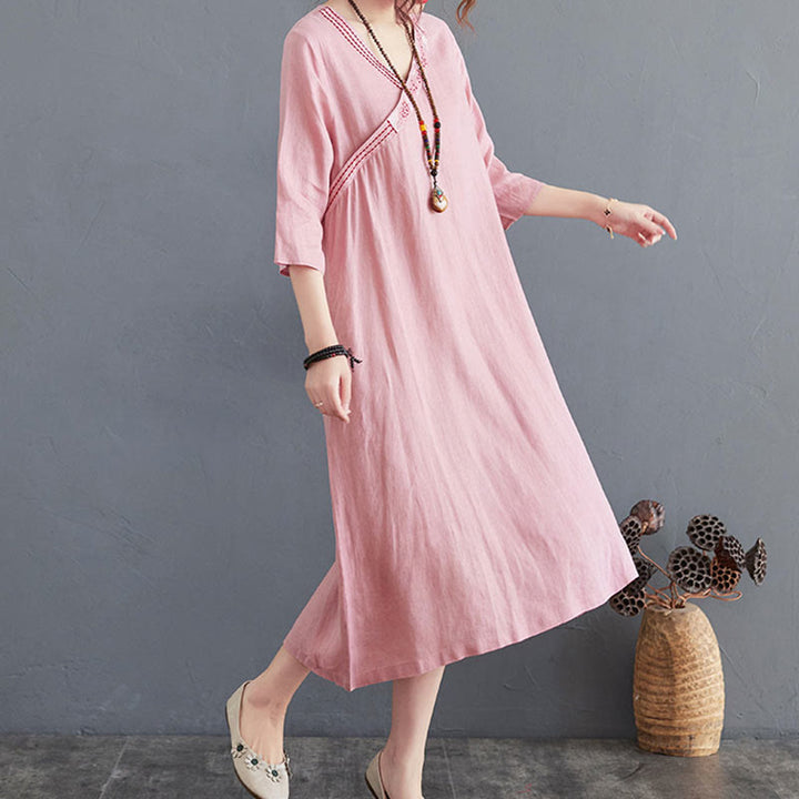 Buddha Stones Summer Plain Embroidery V-Neck Design Three Quarter Sleeve Cotton Linen Midi Dress