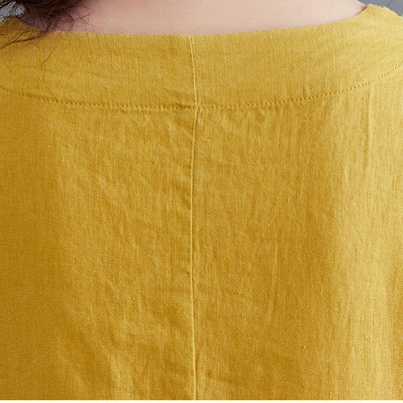 Buddha Stones Summer Plain Embroidery V-Neck Design Three Quarter Sleeve Cotton Linen Midi Dress