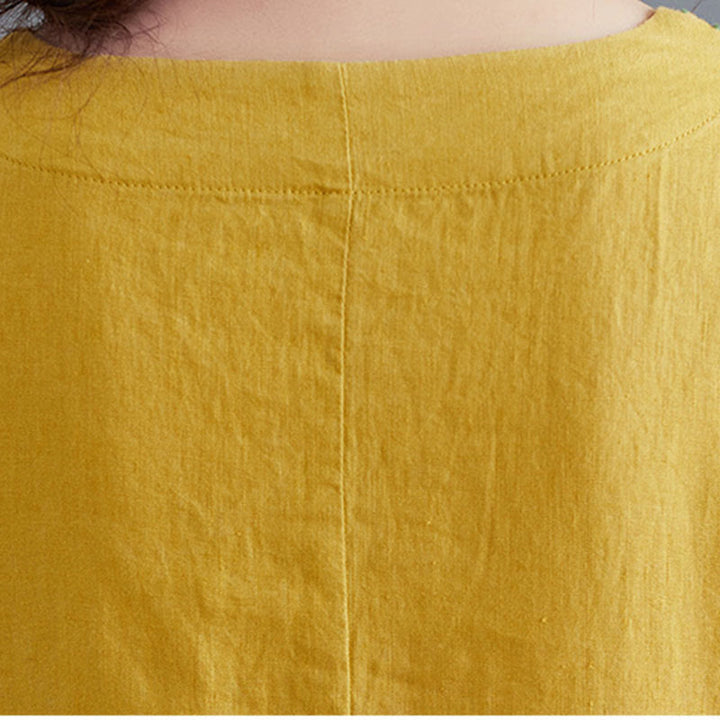 Buddha Stones Summer Plain Embroidery V-Neck Design Three Quarter Sleeve Cotton Linen Midi Dress