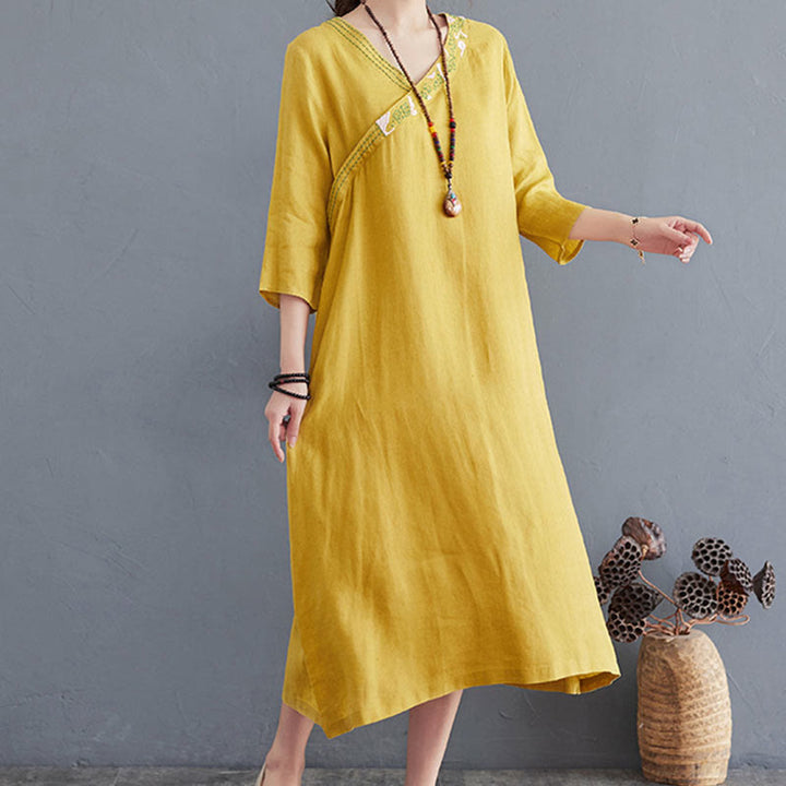 Buddha Stones Summer Plain Embroidery V-Neck Design Three Quarter Sleeve Cotton Linen Midi Dress