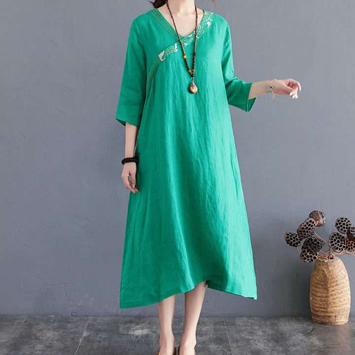 Buddha Stones Summer Plain Embroidery V-Neck Design Three Quarter Sleeve Cotton Linen Midi Dress