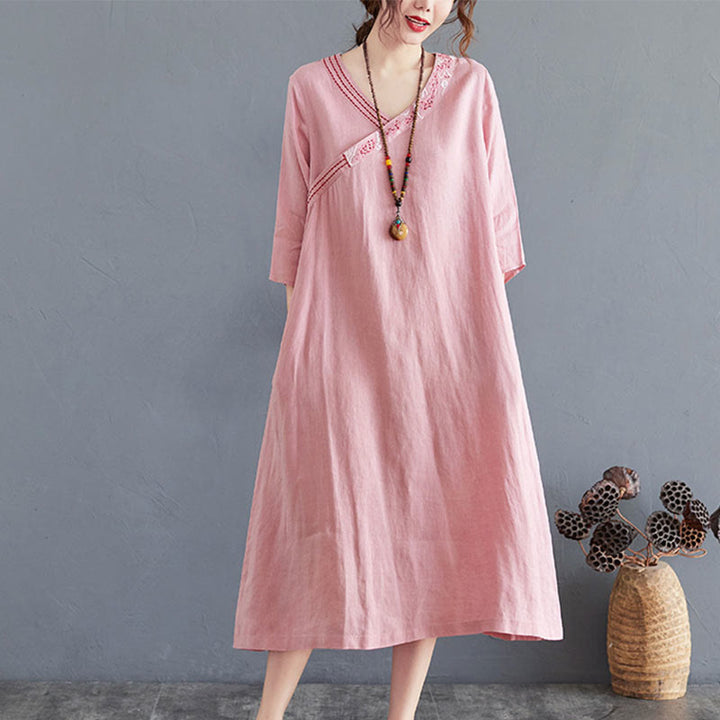 Buddha Stones Summer Plain Embroidery V-Neck Design Three Quarter Sleeve Cotton Linen Midi Dress